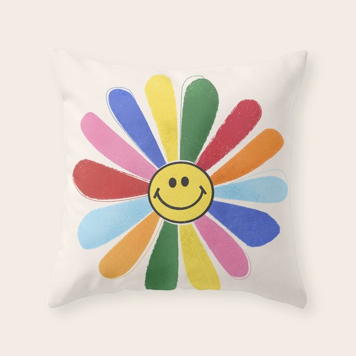 Smiley Hippie Daisy Throw Pillow